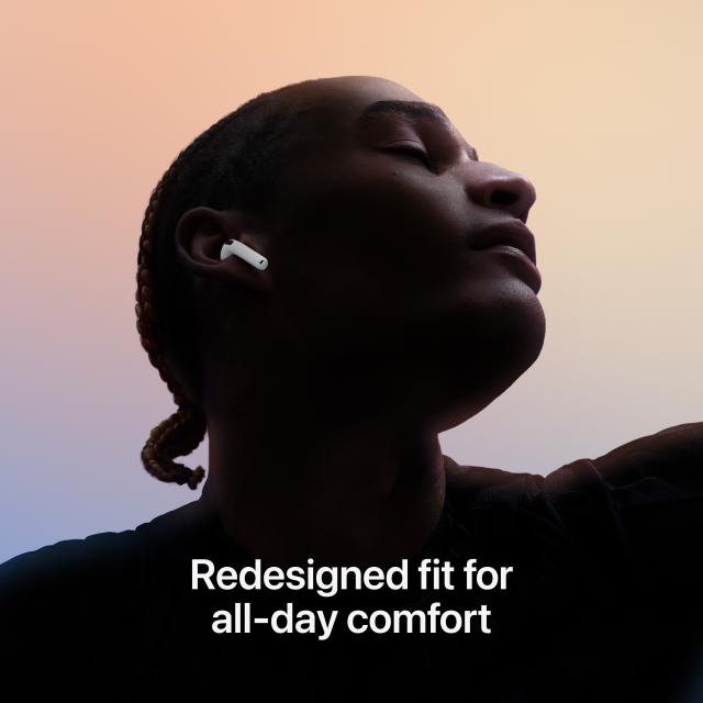 Person wearing AirPods 4 with text: "Redesigned fit for all day comfort"