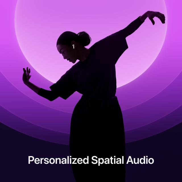 Person dancing while wearing AirPods 4 with text: "Personalized Spatial Audio"
