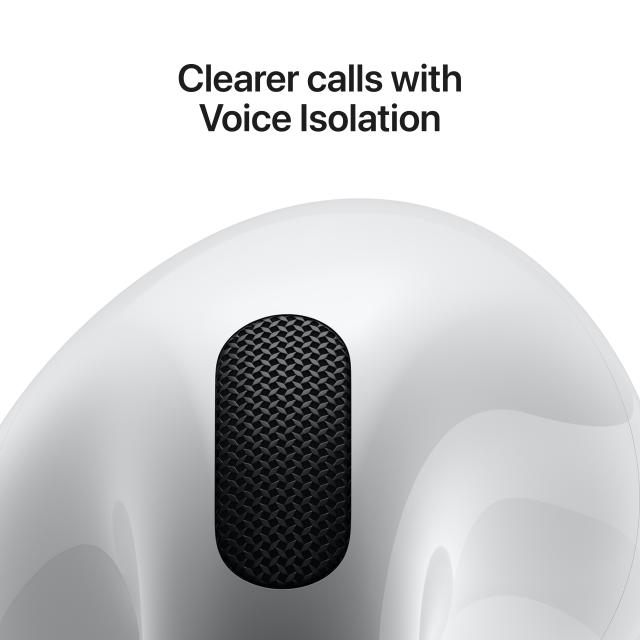 Close up of AirPods 4 microphone with text: "Clearer calls with Voice Isolation"