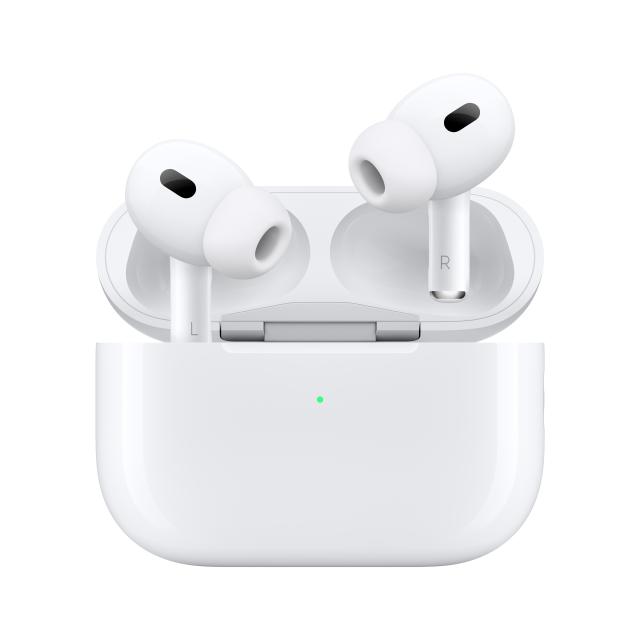 AirPods Pro emerging from charging case with lid open