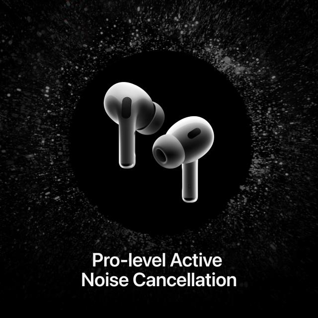 AirPods Pro on black background with text: "Pro-level Active Noise Cancellation"