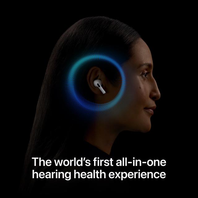 Person wearing AirPods Pro with text: "The world's first all-in-one hearing health experience"