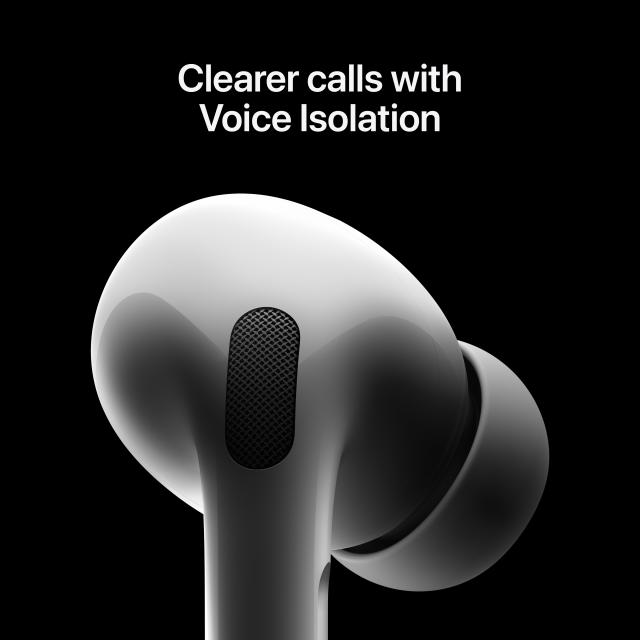 Close up of AirPods Pro microphone with text: "Clearer calls with Voice Isolation"
