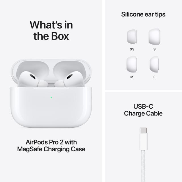 What's in the box: AirPods Pro, USB-C cable, MagSafe charging case, 4 sizes of silicone ear tips