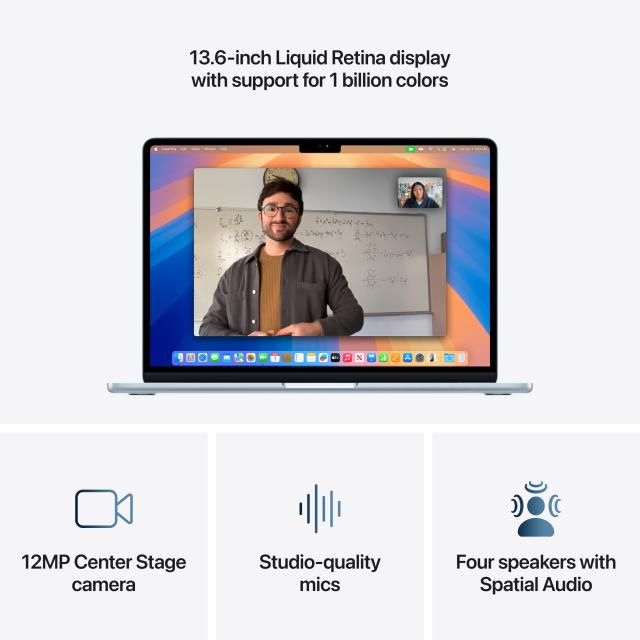Infographic showing 13.6 inch Liquid Retina display, and icons for 12MP Center Stage camera, studio-quality mics, and four speakers with spatial audio