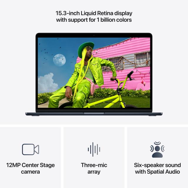 Features: 15.3" liquid retina display, 12MP center stage camera, 3-mic array, six-speaker sound with spatial audio
