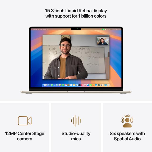Infographic showing 15.3 inch Liquid Retina display, and icons for 12MP Center Stage camera, studio-quality mics, and six speakers with spatial audio
