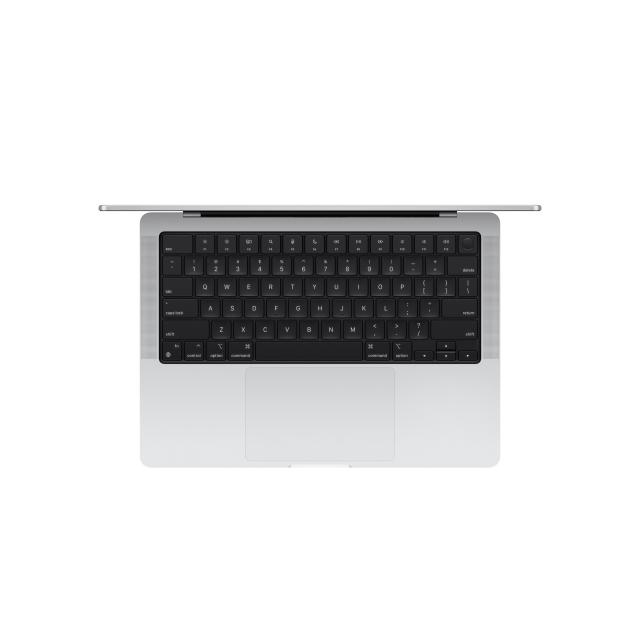 Top view of opened Silver MacBook Pro 14 inch, showing off keyboard