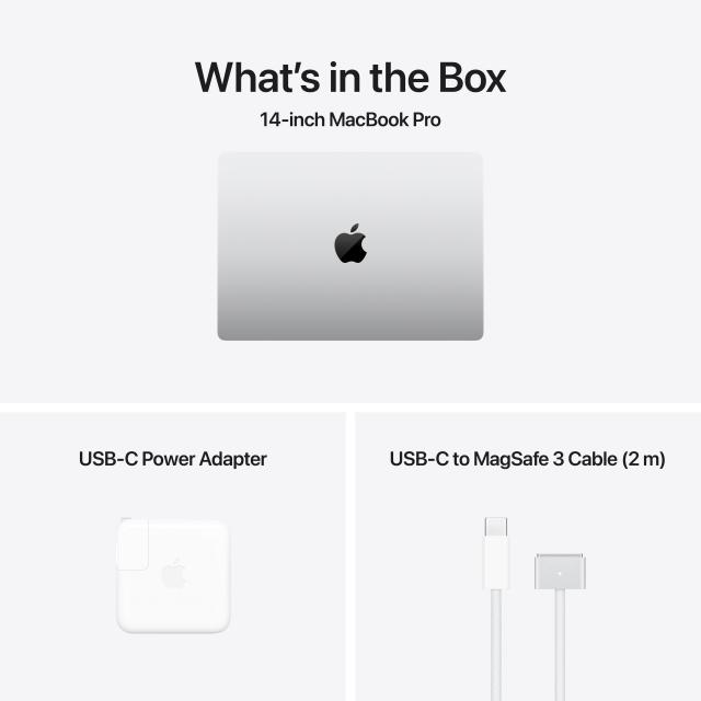 What's in the box: laptop, charging cable (MagSafe 3), USB-C power adapter