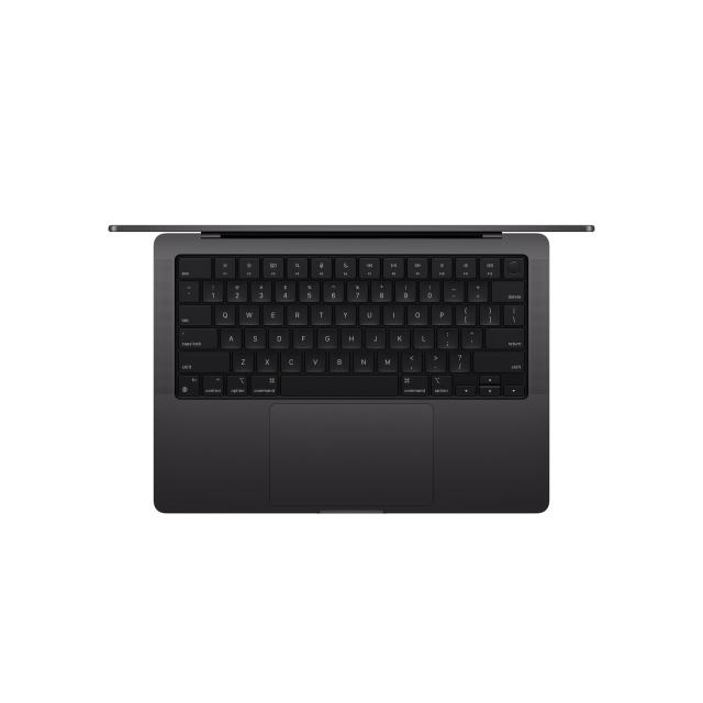 Top view of opened Space Black MacBook Pro 14 inch, showing off keyboard