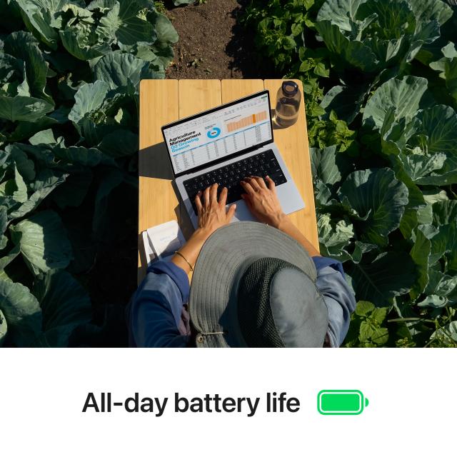 Top down view of person using MacBook Pro 14 inch outside. Below text reads "All-day battery life"