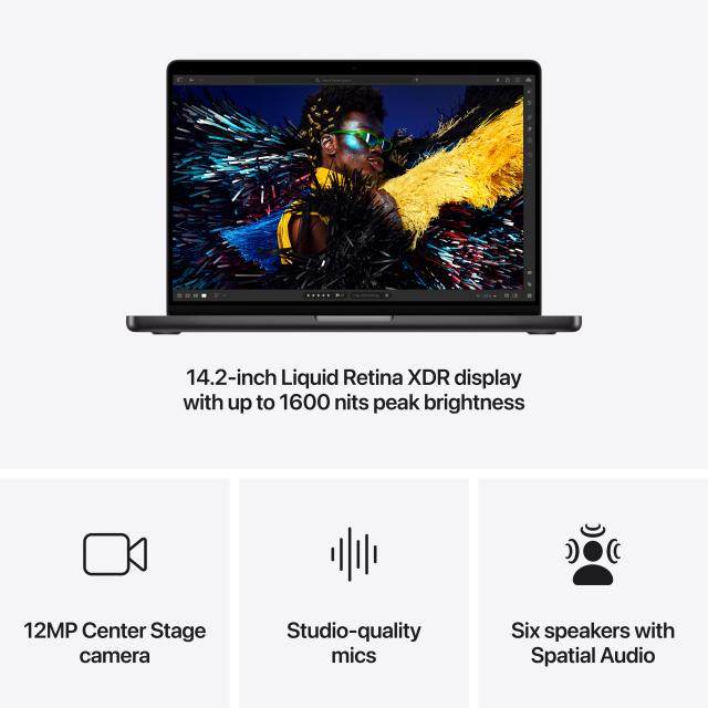 Infographic showing 14.2 inch Liquid Retina display, and icons for 12MP Center Stage camera, studio-quality mics, and six speakers with spatial audio