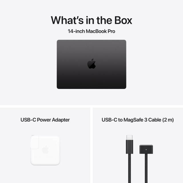 What's in the box: laptop, charging cable (MagSafe 3), USB-C power adapter