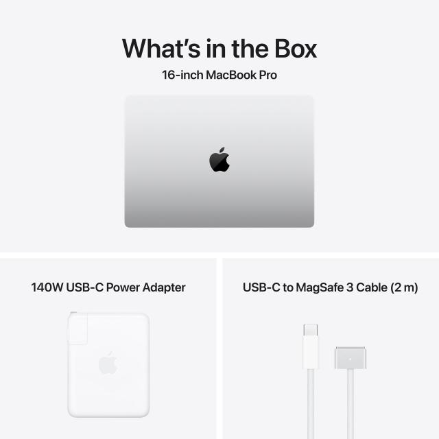 What's in the box: MacBook, 140W power adapter, MagSafe cable