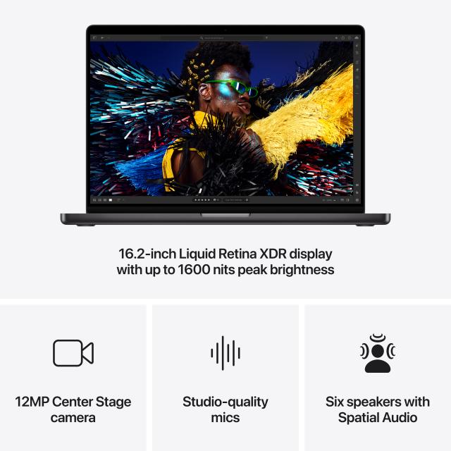 Infographic showing 16.2 inch Liquid Retina display, and icons for 12MP Center Stage camera, studio-quality mics, and six speakers with spatial audio