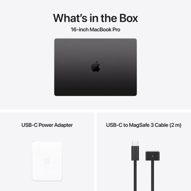 What's in the box: laptop, charging cable (MagSafe 3), USB-C power adapter