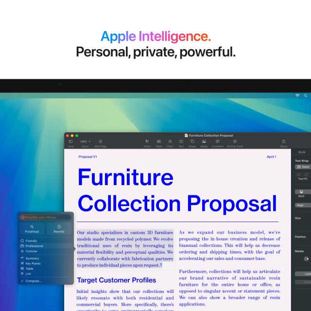 Apple Intelligence being used on a Studio Display with above text: "Apple Intelligence. Personal, private, powerful."