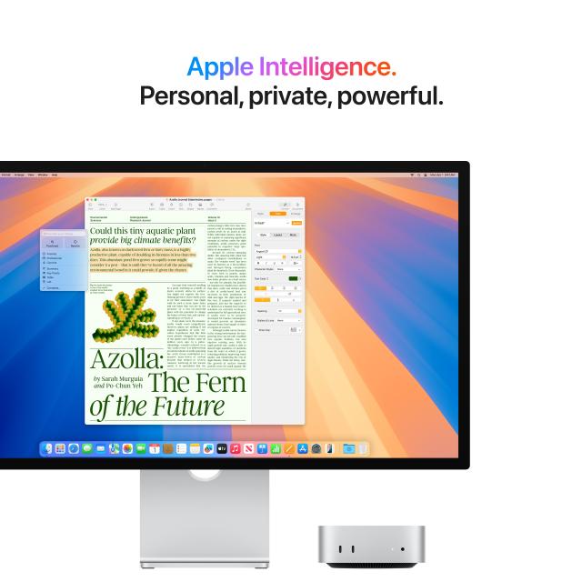 Apple Intelligence being used on screen. Above text reads: "Apple Intelligence. Personal, private, powerful."