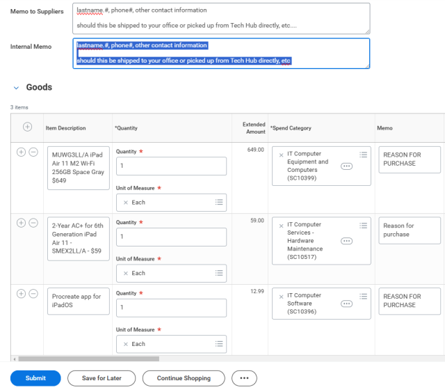 Fill in memo lines with contact information