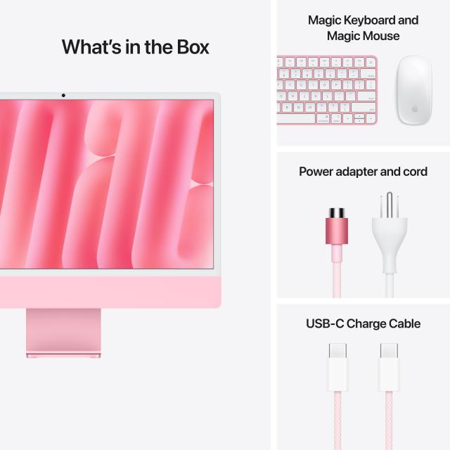 What's in the box: iMac, matching Magic Keyboard and mouse, power adapter, USB-C cable