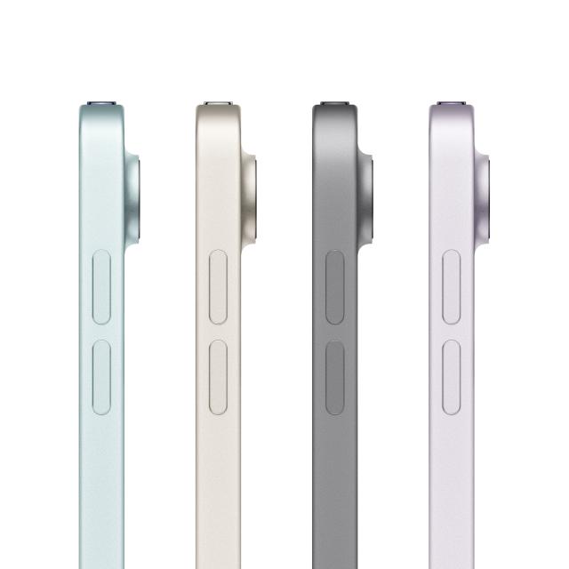 Side view of the four colors of iPad Air: blue, starlight, space gray, purple