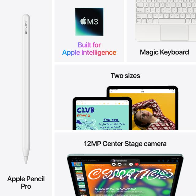Infographic showing compatible accessories, M3 processor, 2 size options, and 12MP Center Stage camera