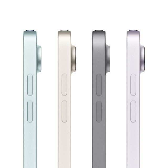 Side view of four colors of iPad Air: blue, starlight, space gray, purple