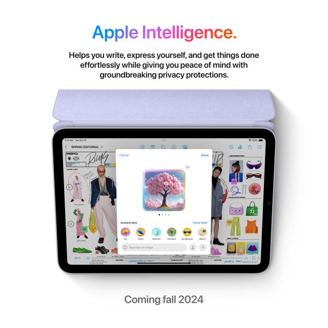 Apple Intelligence being used on device. Text info: "Helps you write, express yourself, and get things done effortlessly while giving you peace of mind with groundbreaking privacy protections. Coming fall 2024"