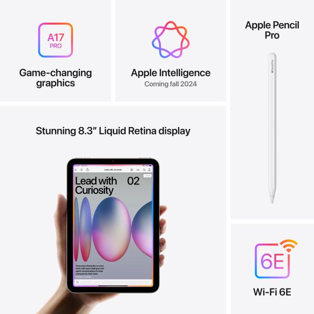 Infographic showing off the Apple Pencil Pro, A17 Pro chip, Wi-Fi, Apple Intelligence, and 8.3" display