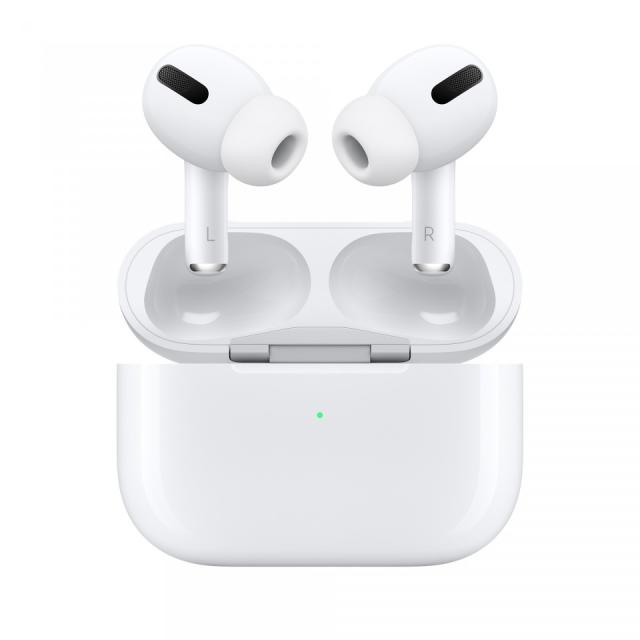 Front view of AirPods Pro 2 emerging from case.