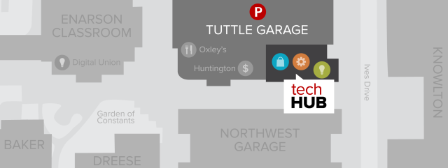 Map location of Tech Hub, surrounded by Tuttle Garage, the Northwest Garage, and Oxley's by the Numbers.