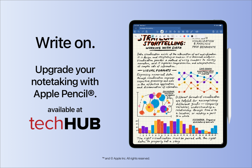 Write on. Upgrade your notetaking with Apple Pencil®. Available at Tech Hub - iPad pictured with full page of handwritten notes using Microsoft OneNote.